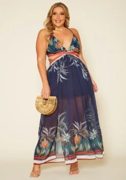 Plus Size Tropical Cutout Maxi Dress