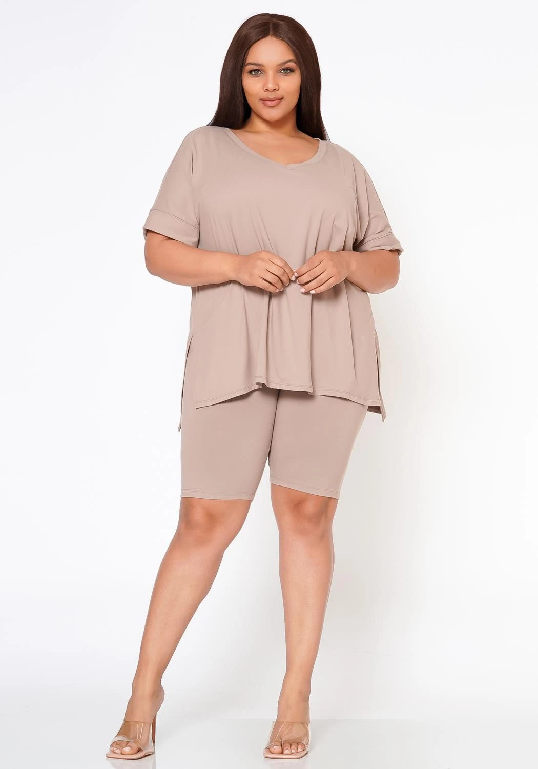 Plus Size V-Neck Tee Shirt & Biker Shorts Set - Image 2