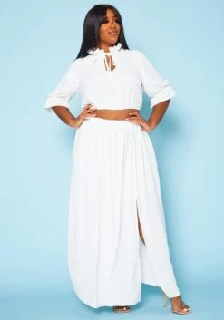 Plus Size Ruffled Mock Neck Crop Top & Maxi Skirt Set