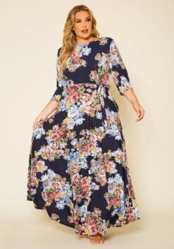 Plus Size Floral Print Fit & Flare Maxi Dress