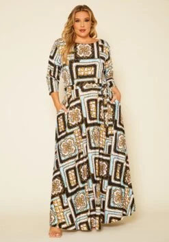 Plus Size Damask Print Fit & Flare Maxi Dress
