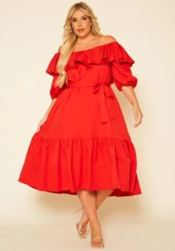 Plus Size Off Shoulder Wide Flare Midi Dress