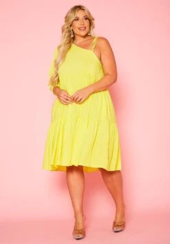 Plus Size One Sleeve Ruffle Flare Mini Dress