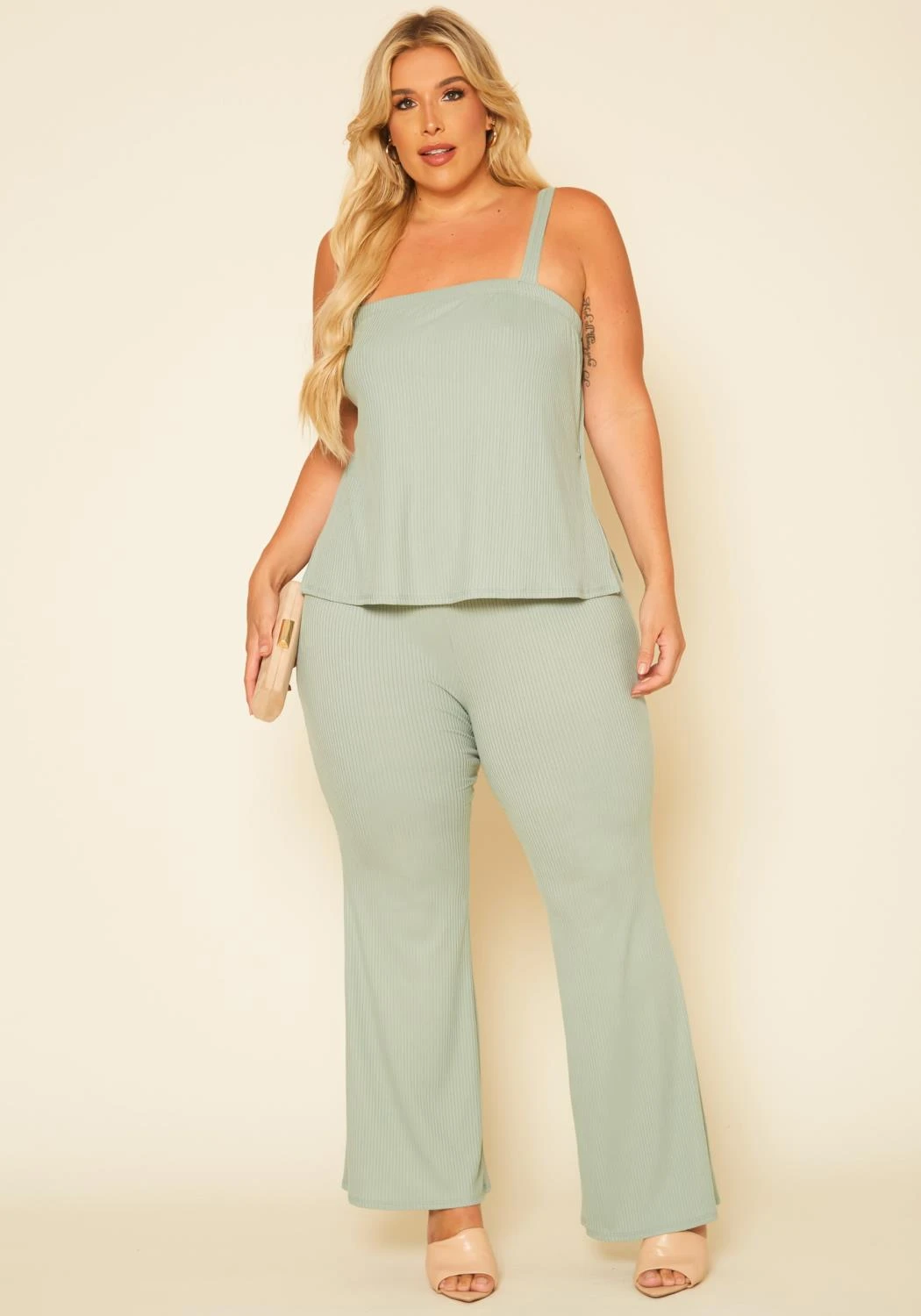 Plus Size Ribbed Tank Top & Wide Leg Pants Set - Image 2