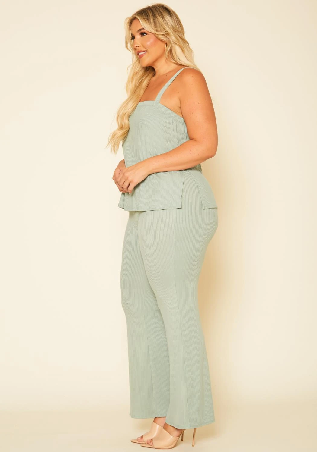 Plus Size Ribbed Tank Top & Wide Leg Pants Set - Image 3