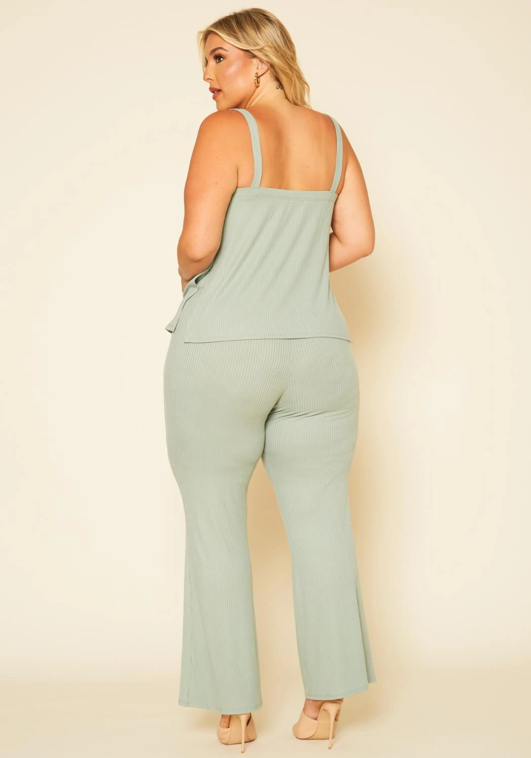 Plus Size Ribbed Tank Top & Wide Leg Pants Set - Image 4