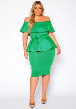Plus Size Off Shoulder Peplum Midi Dress