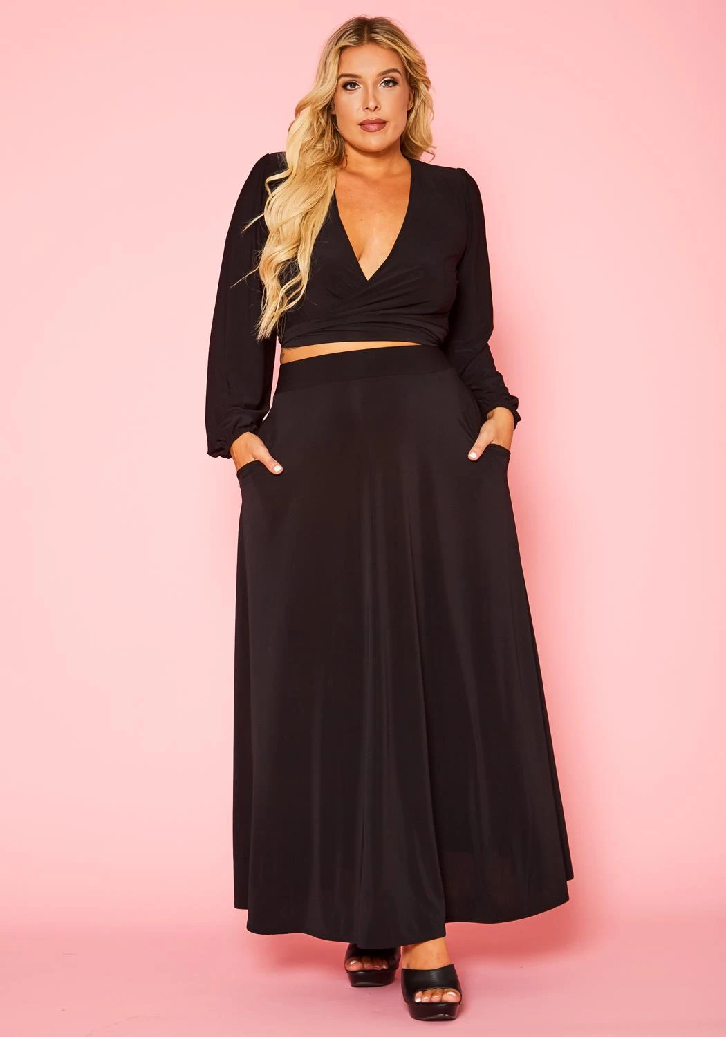 Plus Size Versatile Tie Up Crop Top & Maxi Skirt Set - Image 2