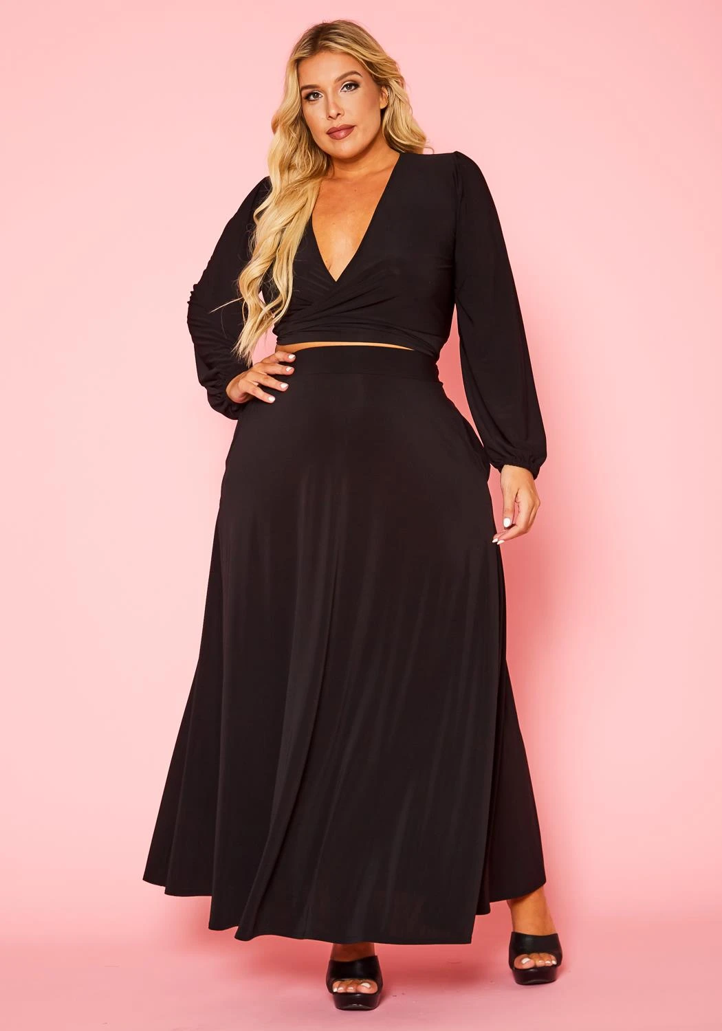 Plus Size Versatile Tie Up Crop Top & Maxi Skirt Set - Image 3