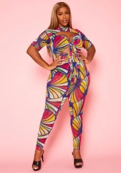 Plus Size Abstract Print Cut Out Jumpsuit