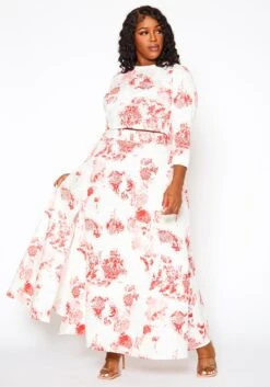 Plus Size Antique Floral Print Crop Top & Maxi Skirt Set