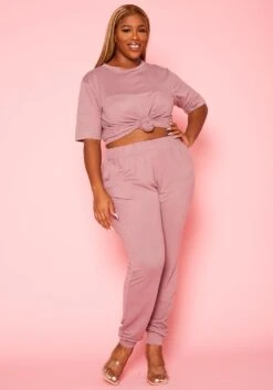 Plus Size Knit Half Sleeve Top And Jogger Pants Set