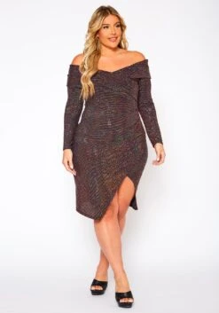 Plus Size Sequin Off Shoulder Midi Dress