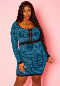 Plus Size Shimmer Greek Key Print Bodycon Dress