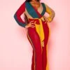 Plus Size Color Block Long Sleeve Jumpsuit