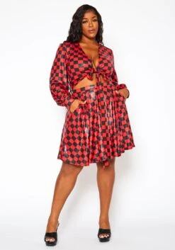 Plus Size Checkered Print Wrap Top & Pleated Skirt Set