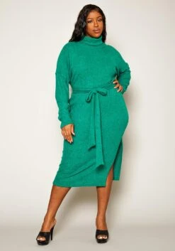 Plus Size Super Soft Turtleneck Ribbed Knit Midi Dress