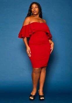 Plus Size Off Shoulder Ruffle Sleeve Mini Dress
