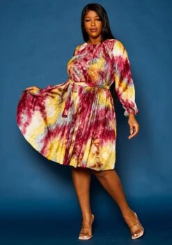 Plus Size Tie Dye Fit & Flare Pleated Dress