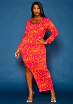 Plus Size Geometric Pattern High Low Maxi Dress
