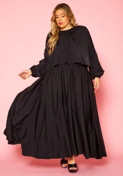 Plus Size Solid Long Sleeve Flare Maxi Skirt Set