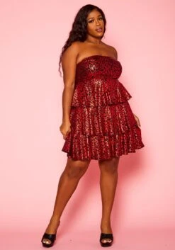 Plus Size Metallic Leopard Print Ruffle Flare Dress