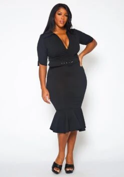 Plus Size Open Collar Mermaid Flare Midi Dress