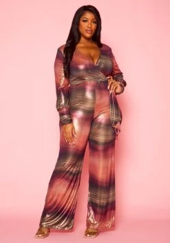 Plus Size Gradient Pattern Metallic Jumpsuit