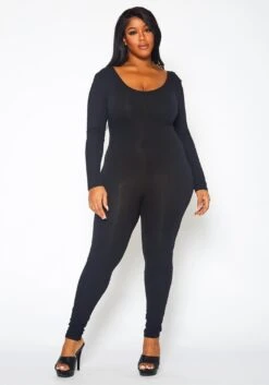Plus Size Solid Long Sleeve Fitted Jumpsuit