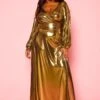 Plus Size Gold Metallic Fit & Flare Maxi Dress