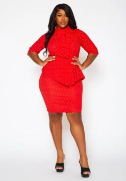 Plus Size Polka Dot Print Peplum Mini Dress