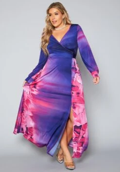 Plus Size Rose Gradient Print Fit & Flare Maxi Dress
