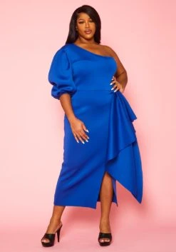 Plus Size One Sleeve Drape Front Gown