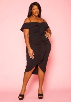 Plus Size Off Shoulder Drape Front Cocktail Dress