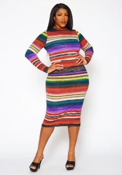 Plus Size Multi Color Pattern Long Sleeve Midi Dress