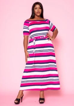 Plus Size Multi Striped Fit & Flare Maxi Dress