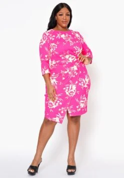 Plus Size Floral Print Twist Hem Cocktail Dress