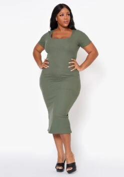 Plus Size Ribbed Square Neck Midi Dress