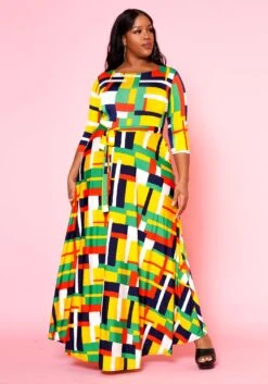 Plus Size Geometric Pattern Fit & Flare Maxi Dress