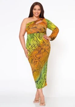 Plus Size Multi Abstract Pattern One Sleeve Midi Dress