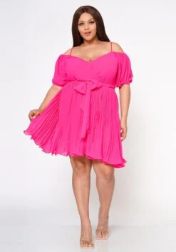 Plus Size Off Shoulder Pleated Flare Dress
