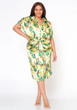 Plus Size Abstract Pattern Button Front Midi Dress