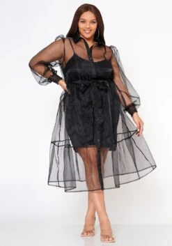 Plus Size Top Trend Sheer Button Front Fit & Flare Dress