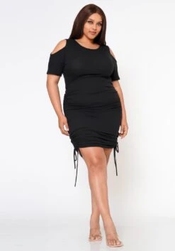 Plus Size Ribbed Knit Cold Shoulder Mini Dress
