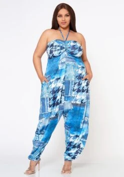 Plus Size Patchwork Denim Print Harem Jumpsuit