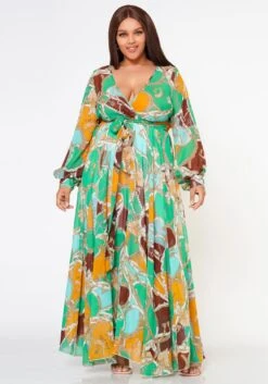 Plus Size Multi Chainlink Pattern Fit & Flare Maxi Dress