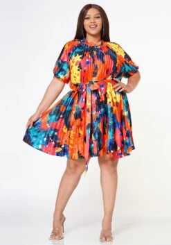 Plus Size Multi Pattern Pleated Fit & Flare Dress