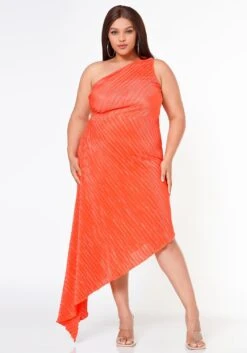 Plus Size Pleated Asymmetric One Sleeve Dress