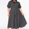 Plus Size Polka Dot Print Bow Collar Flare Dress