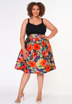 Plus Size Floral High Waist Flare Midi Skirt